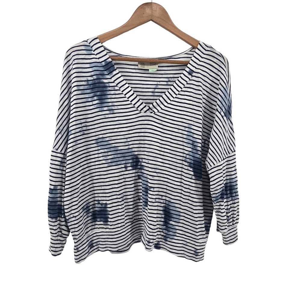 Saturday Sunday Top Womens S Anthropologie Striped Tie Dye V-Neck Blue White
